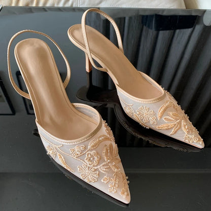 Summer Pointed Toe Mesh Embroider High Heels for ladies Elegant String Bead pumps Sexy Luxury Designer Shoe Brown Heeled Sandals