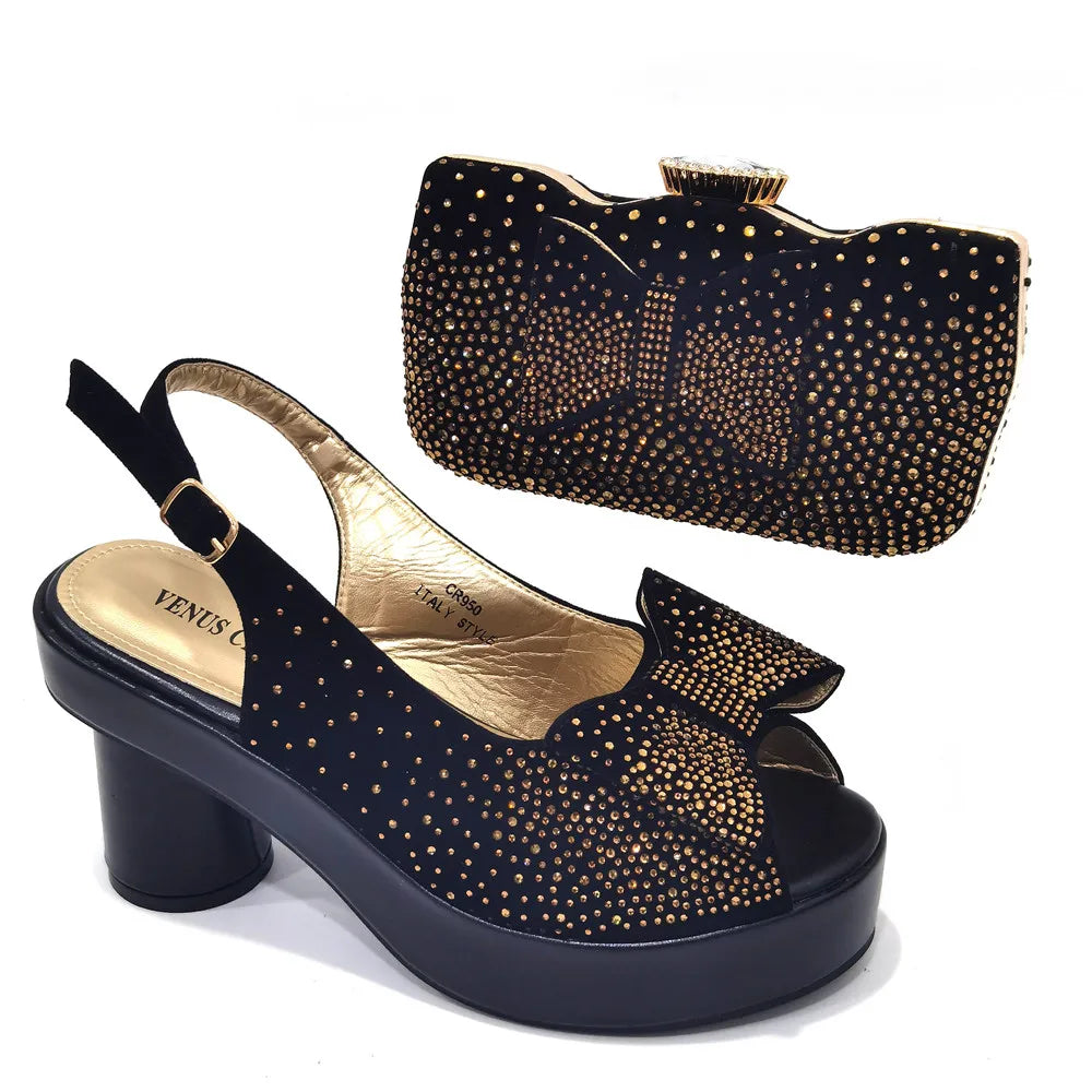 Silver Fashion Square Heels with Platform African Women Shoes and Bag Set Full Crystal Pumps for Wedding Party