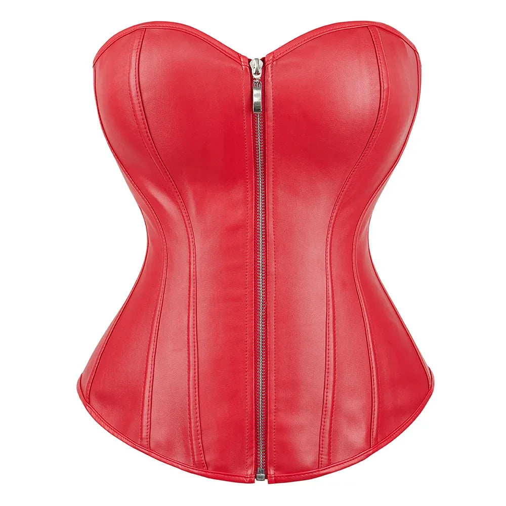 Red Black PU Leather Bustier Tops Zipper Steampunk Corset  Korset Overbust Body Shaper Women Sexy Basque