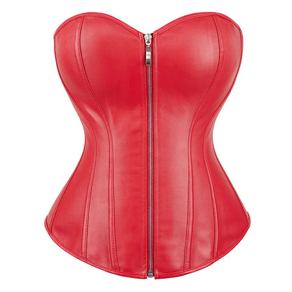 Red Black PU Leather Bustier Tops Zipper Steampunk Corset  Korset Overbust Body Shaper Women Sexy Basque