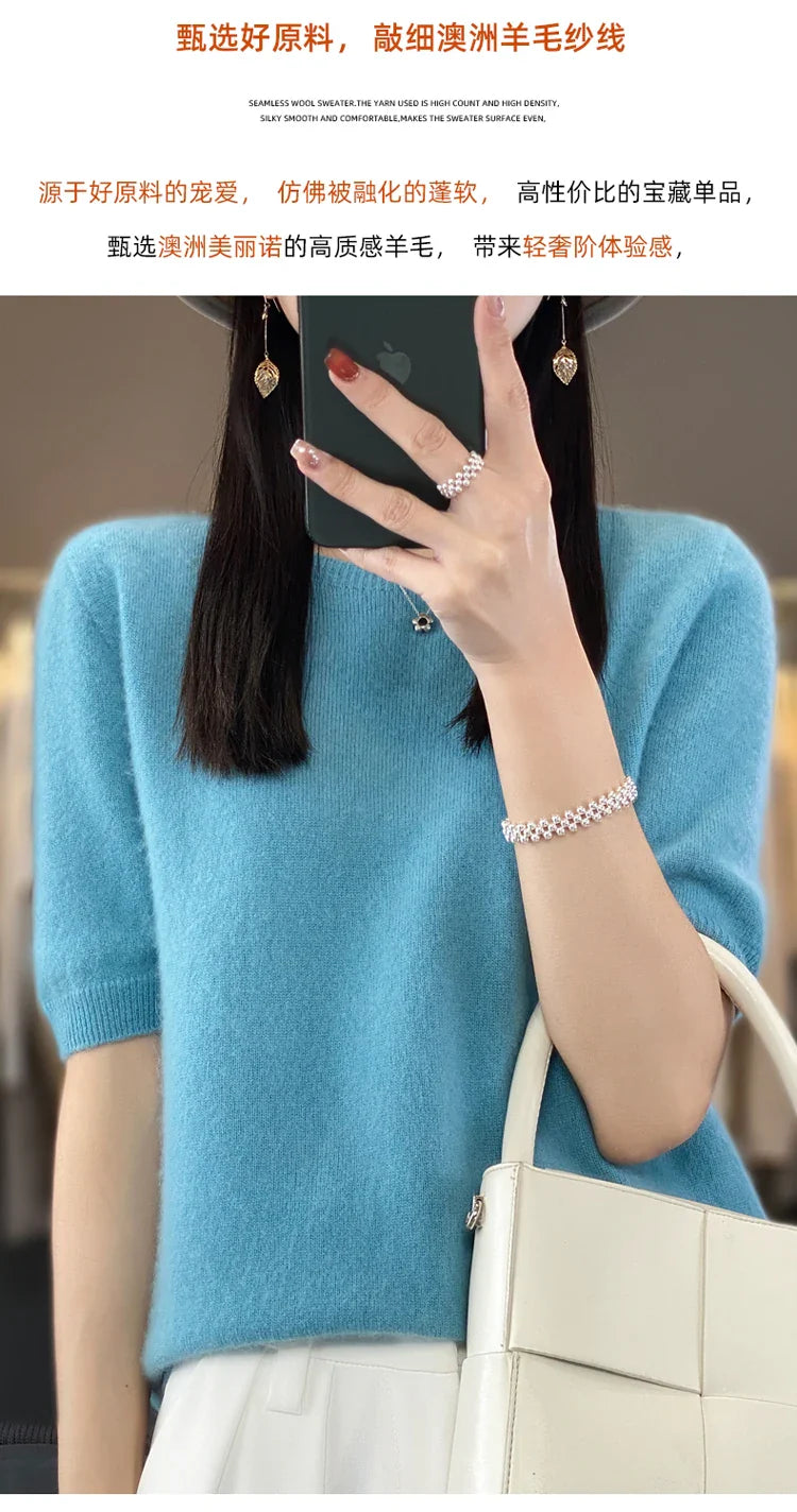 100% pure wool T-shirt spring and summer new women's O-neck pullover short sleeve loose five-sleeve sweater high-end top