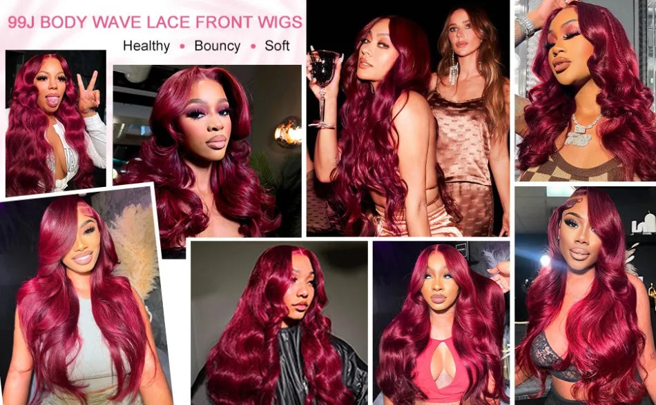 30 Inch 99J Burgundy Lace Front Wigs Human Hair 13x6 HD Transparent Body Wave Lace Front Human Hair Wig For Black Women