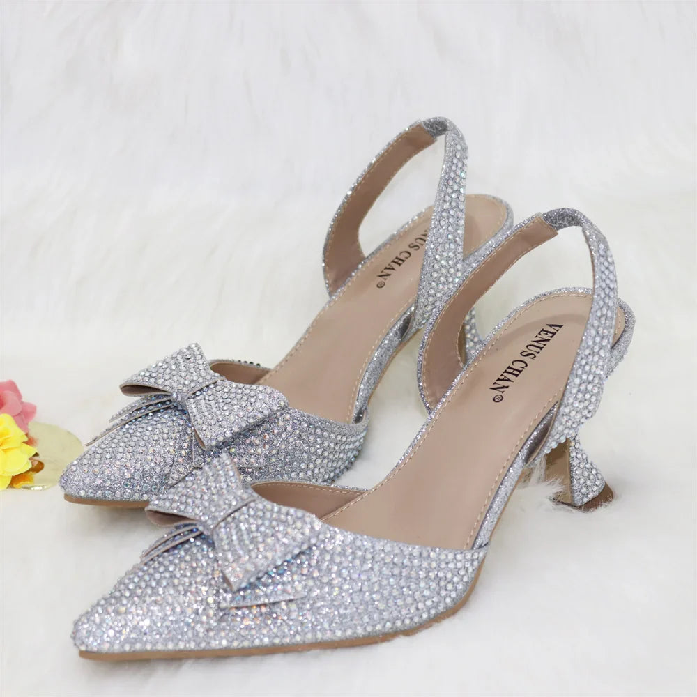 Gold 2024 Heels for Women Pointed Toe With Bows Gold Color Rhinestone  Elegant Party Wedding Shoe and Bag Set