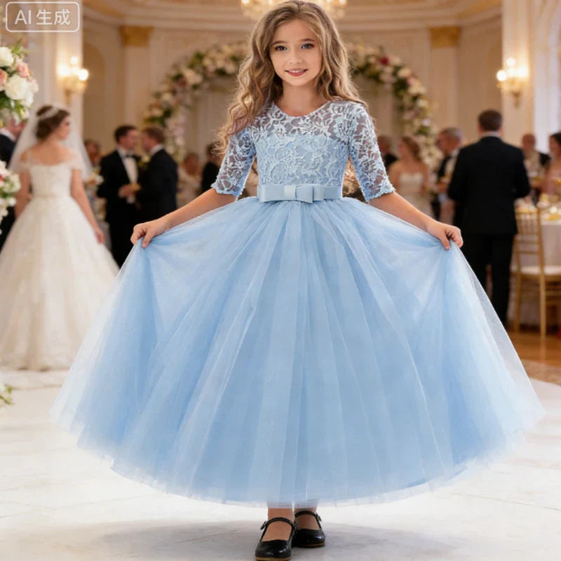 Teenager Girls White Bridesmaid Dresses Wedding Birthday Party Ball Gown Flower Girls First Communion Costume 3 to 14 Years