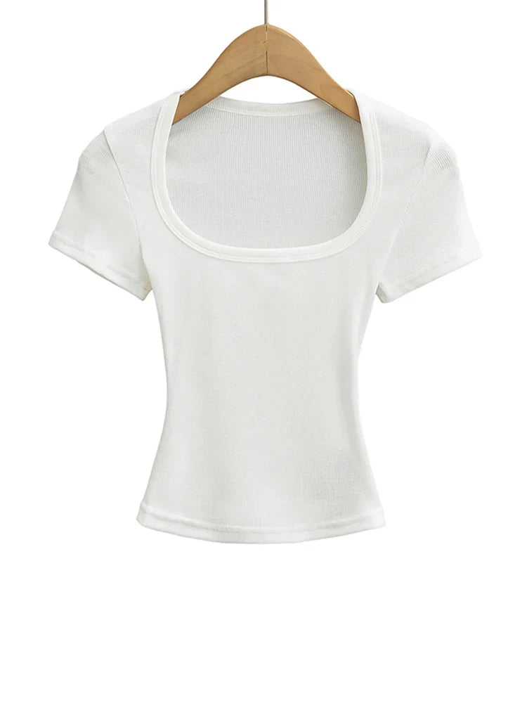 Women's Slim Fit Square Collar Crop Top High Stretch Short Sleeve Pullover Sexy Summer Blouse T-shirt for Bottoming