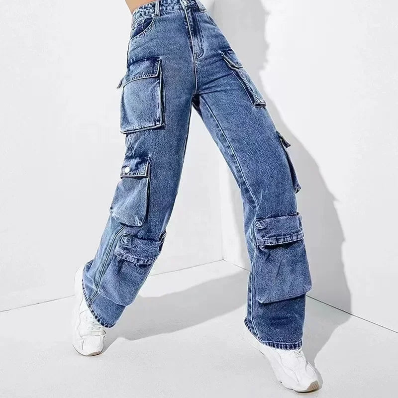 Jeans Women Straight Cargo Pants Denim High Waist Vintage Pockets Button Basics Ankle Length Trousers 2024 Autumn Streetwear