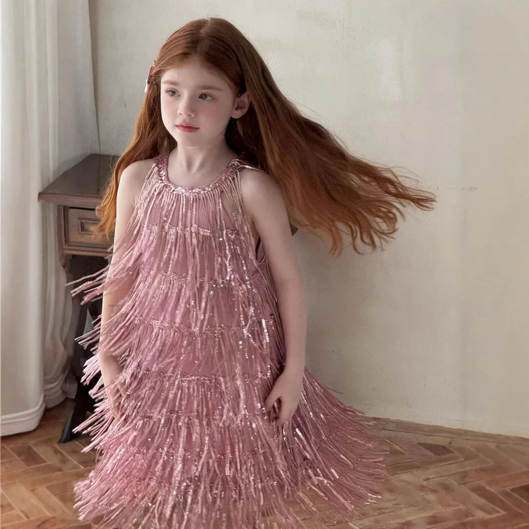 Vestido Infantil Meninas 2025 Verão Novo Moda Infantil Vestido de Borla Brilhante de Luxo Vestido de Aniversário para Meninas