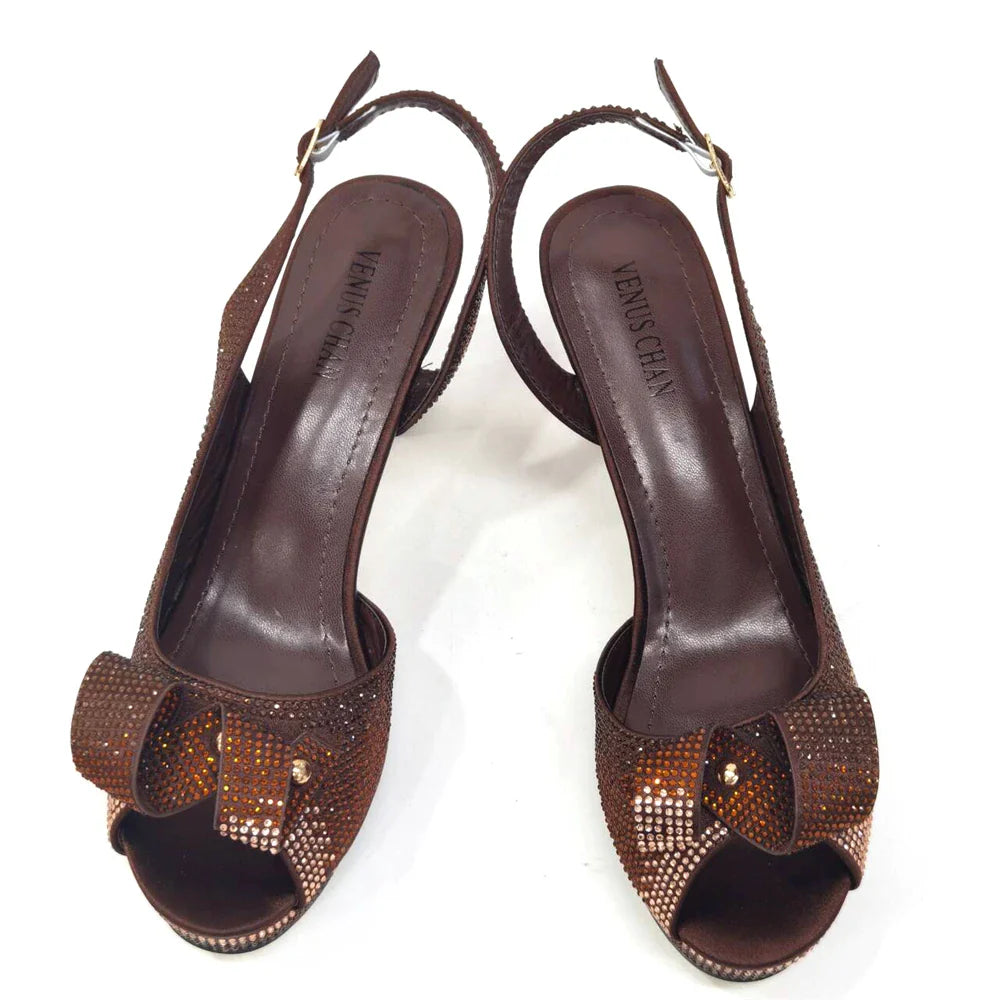 Newest INS Style Peach Color Rhinestone Elegant High Heels Nigeria Popular Design African Ladies Shoes And Bag Set