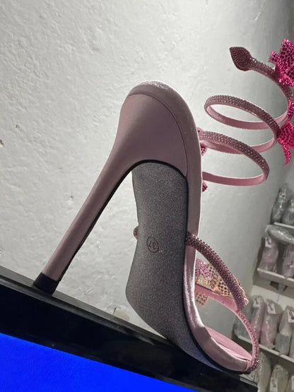 Luxury Designer Pink Flower Rhinestone High Heels Sandals Shoe Sexy Wrap Strap Open Toe Stripper Prom Party Ladies Shoes