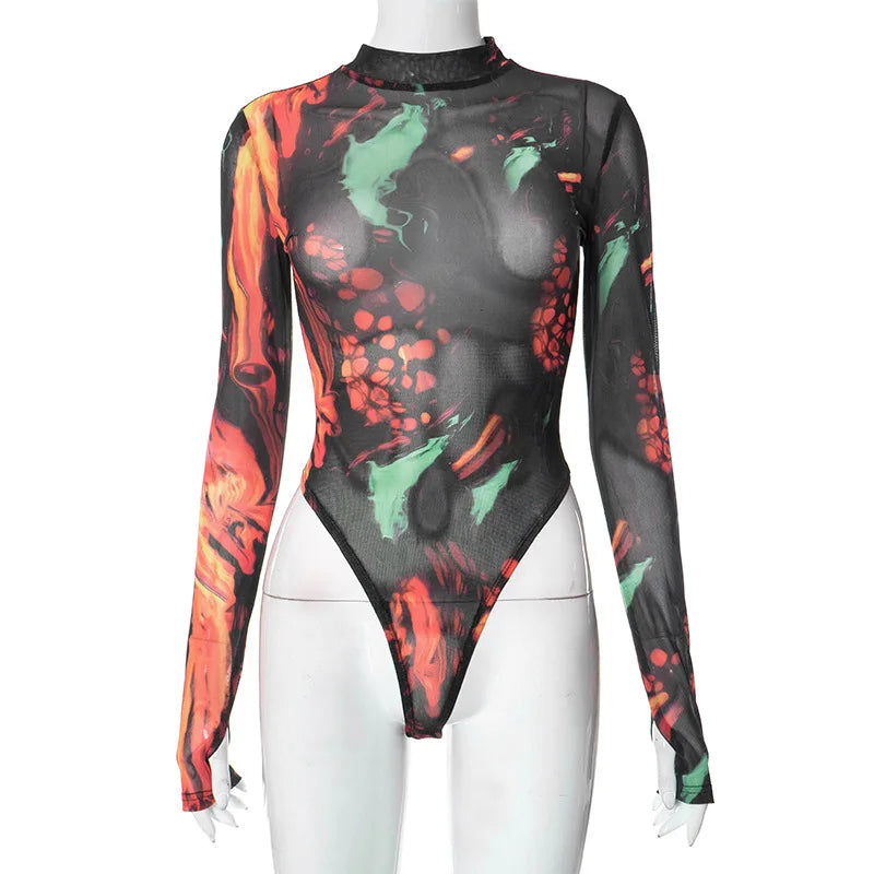 Tie Dye Sexy Bodysuit Lingerie Long Sleeve Corset Top Women One-Pieces Rave Outfit Bodycon Lenceria Femenina See Through Bustier