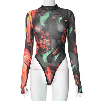 Tie Dye Sexy Bodysuit Lingerie Long Sleeve Corset Top Women One-Pieces Rave Outfit Bodycon Lenceria Femenina See Through Bustier