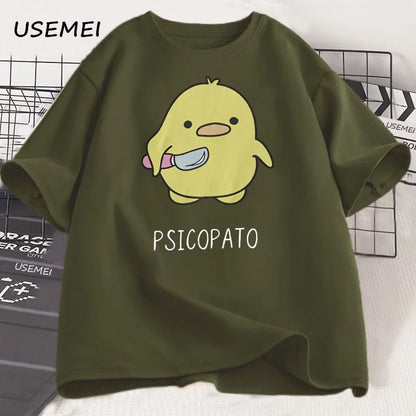 T Shirt Men Women Cute Duck with Knife Tshirt Casual Short Sleeve Cotton Printed Round Neck T-shirt Streetwear Loose