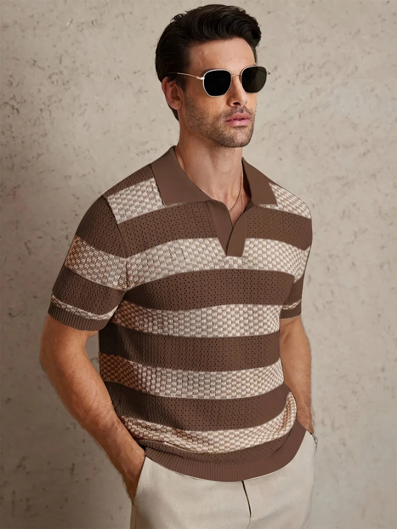 Daily Casual Mens Knitted Polo Shirts 2026 Summer Fashion Striped Contrast Color Knit Pullovers Men Stylish Turn-down Collar Top