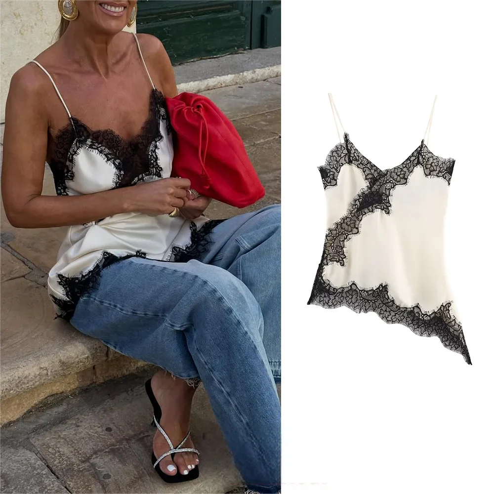 Black Lace Cami Tops Women V Neck Patchwork Sleeveless Y2K Girl Top Fashion 2025 Summer Fall Holiday Beach Top