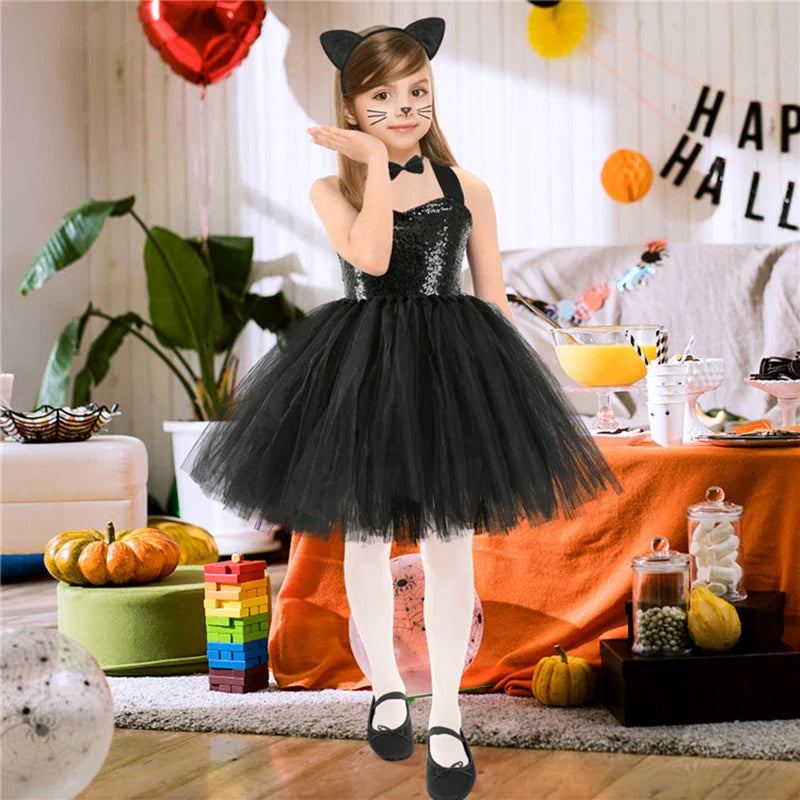Cute Leopard Tiger Cat Giraffe Tutu Dress For Girls Halloween Animal Cosplay Costume Outfit Kids Christmas Carnival Party Dress