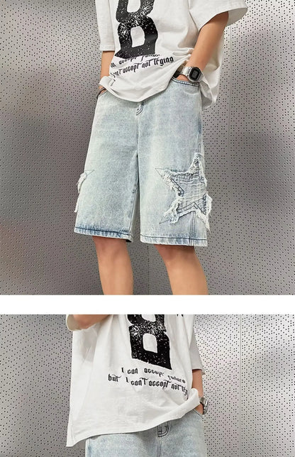 Star Patchwork Yellow Clay Color Jeans Summer Men Denim Shorts Trendy Streetwear Five-point Pants Straight Jeans Shorts