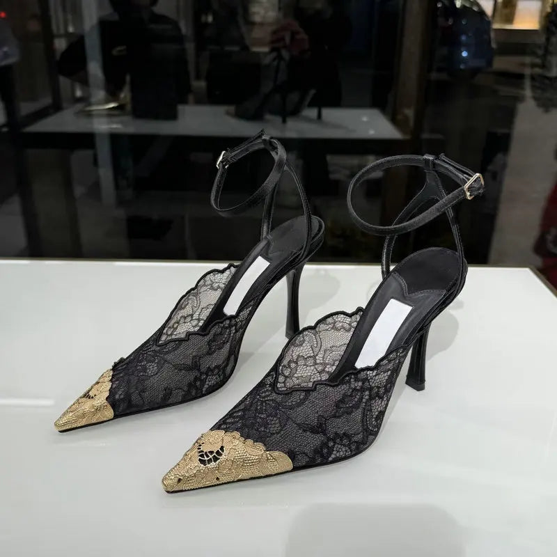 Fashion Lace Sequin Hollow Out Mesh Women Pumps Sexy Pointed Toe Designer Low Heels Slingback Sandals Ladies Shoes