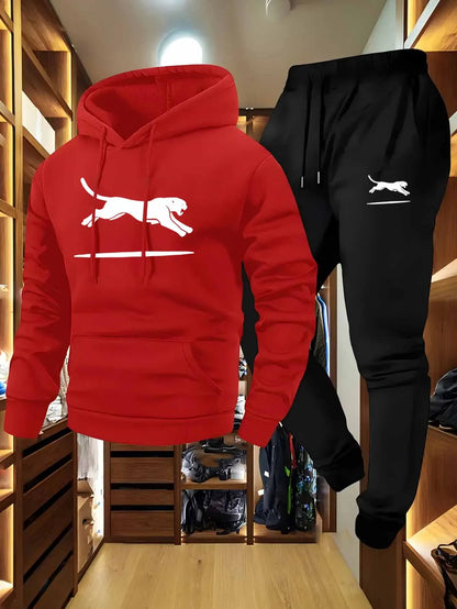 Casual Cargo Sweatshirt & Jogger Set Black White Leopard Print Soft Comfort Fabric Loose Fit Hooded Pullover Multiple Pockets