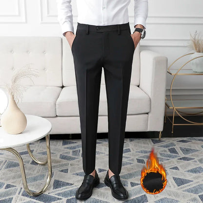 Thickened Fleece Men's Casual Straight Leg Pants Autumn Winter Elastic Slim Fit Korean Style Fashionable Nine Point Long Trou...