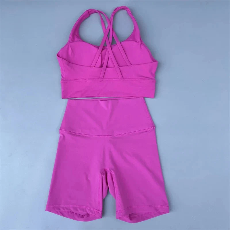 Solid Color soft gym Yoga Set short Legging +cross sport bra Tracksuit  Women Gym Suit Comprehensive Training Jogging Athletic