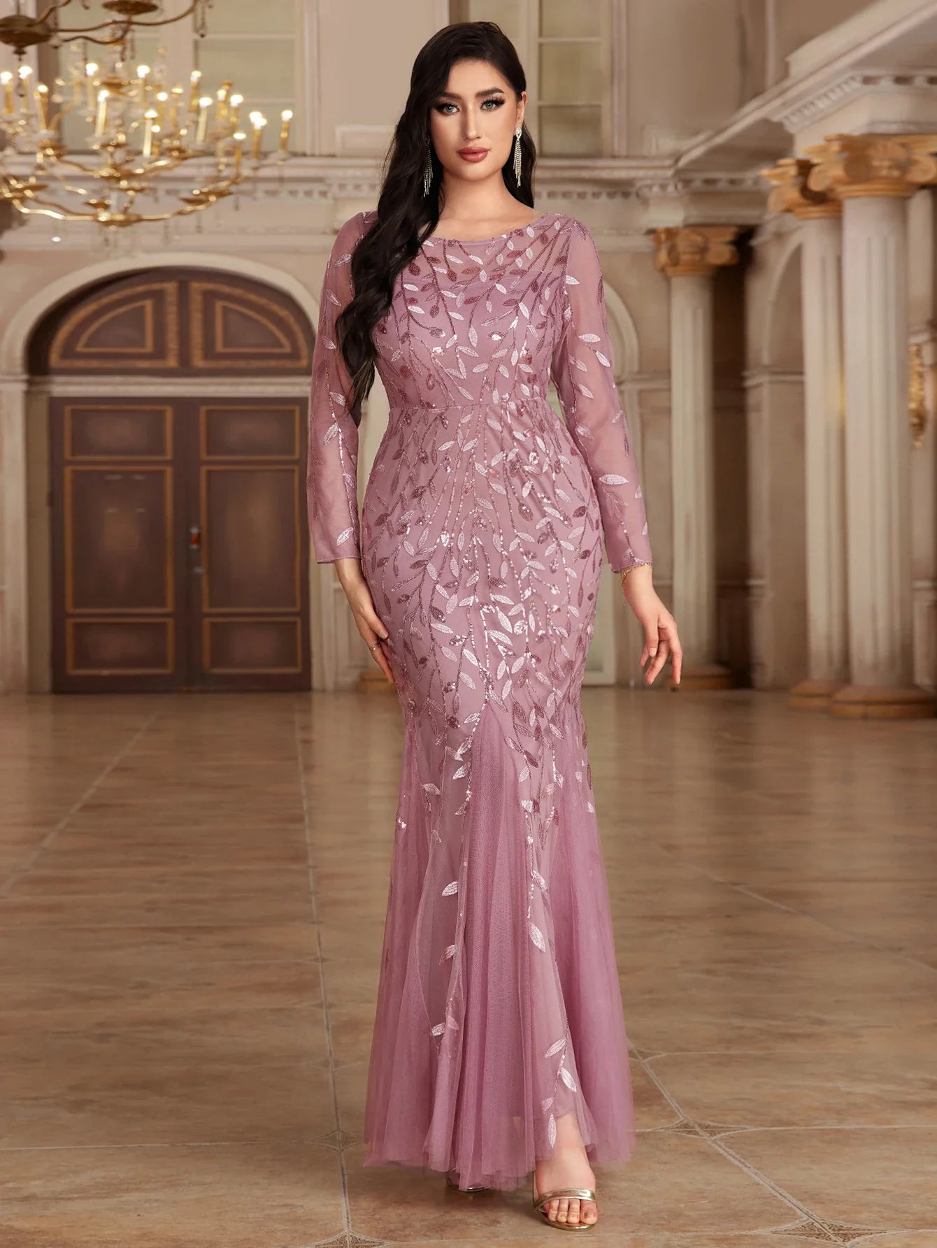 2024 Plus Size Evening Dresses Mermaid O Neck Full Sleeve Lace Appliques  vestidos elegantes  party dress  long