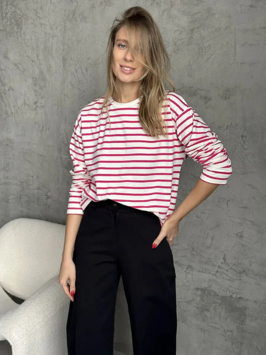 2025 Summer Long Sleeve Striped T-Shirts Women Basic Casual Tops Female Cozy Loose Cotton Tees Harajuku T Shirt New
