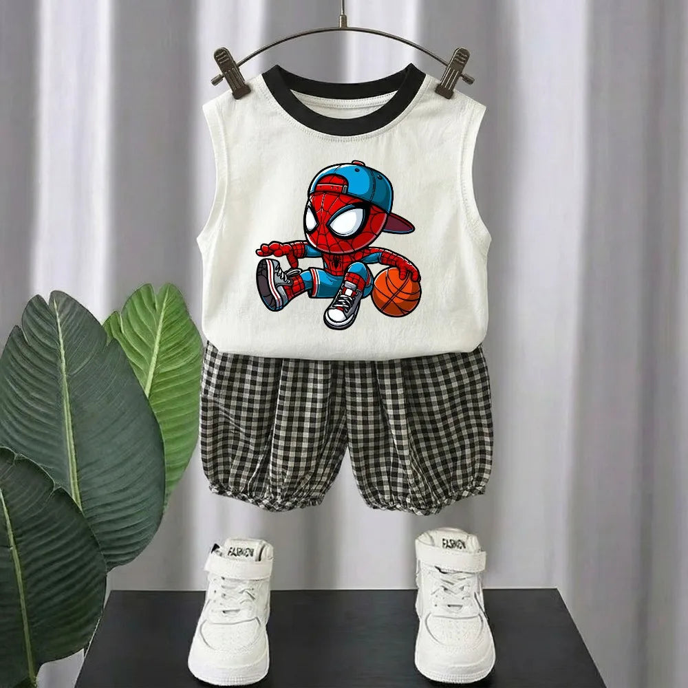 Summer Cute Cartoon Printed Boys Casual Outfits Kids Fashion Plaid Shorts Sets Children Sleeveless Top and Bottom Two Piece Sets