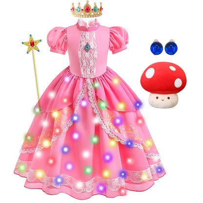 Fantasia de Princesa Pêssego com Luz LED Colorida para Aniversário de Criança Jogo de Roleplay Vestido de Menina para Halloween Festival Rosa Renda 2-9 Anos C