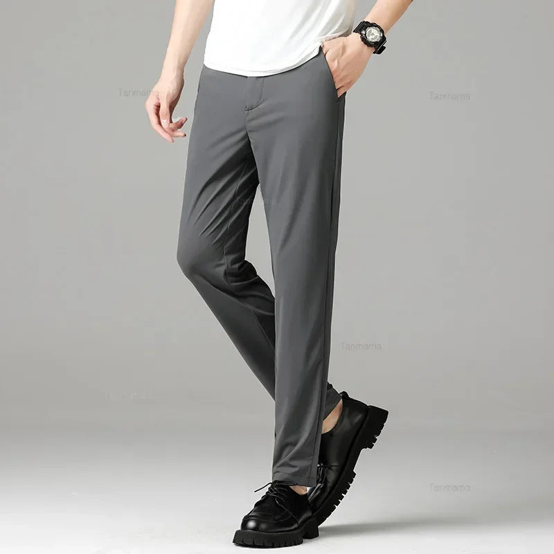 Summer Quick-drying Ice Silk Men's Casual Pants Ultra-thin Highly Elastic Business Casual Non-iron Trousers Black Gray Blue