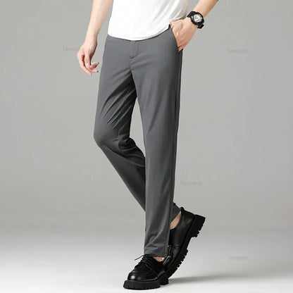 Summer Quick-drying Ice Silk Men's Casual Pants Ultra-thin Highly Elastic Business Casual Non-iron Trousers Black Gray Blue