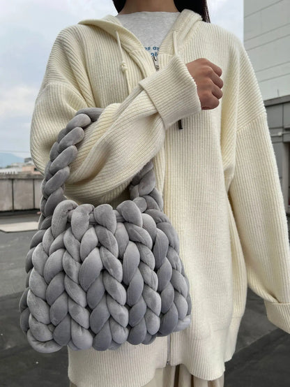 Velvet Bag DIY Hand Woven Bag Crystal Velvet Core Spun Yarn Woven Bag Hand-held Mailman Bag Velvet Handbag New