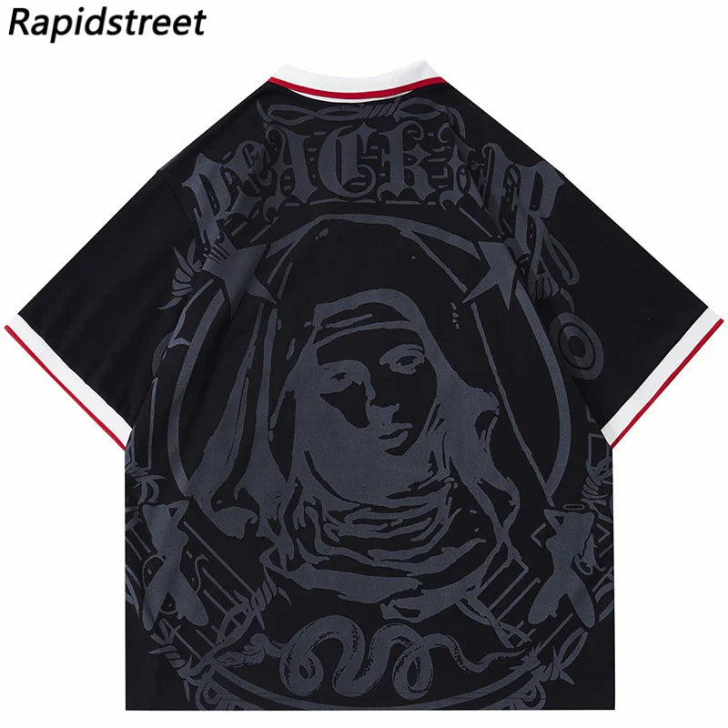 Hip Hop Streetwear Polo T-Shirt Virgin Mary Graphic T Shirt Men Polo Shirt Short Sleeve Harajuku Cotton Tops Tees Red Grey
