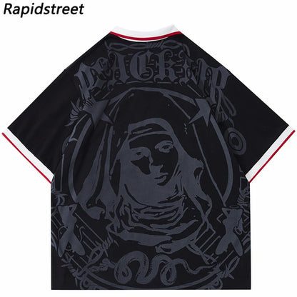 Hip Hop Streetwear Polo T-Shirt Virgin Mary Graphic T Shirt Men Polo Shirt Short Sleeve Harajuku Cotton Tops Tees Red Grey