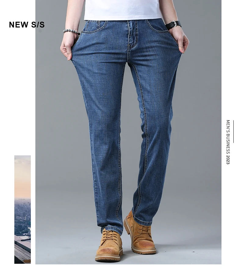 2026 Brand New Men  Straight Blue Gray Jeans Business Fashion Classic Style Cotton Stretch Denim Pants Male Brand Trousers