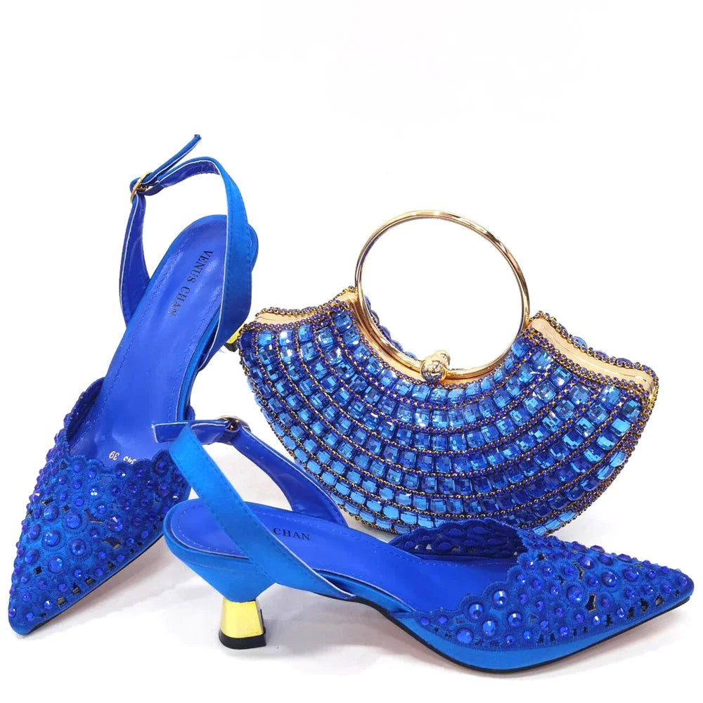 Latest High Heel Gold Color Atmospheric Luxury Pattern With Rhinestones Party Ladies Shoes And Bag Set