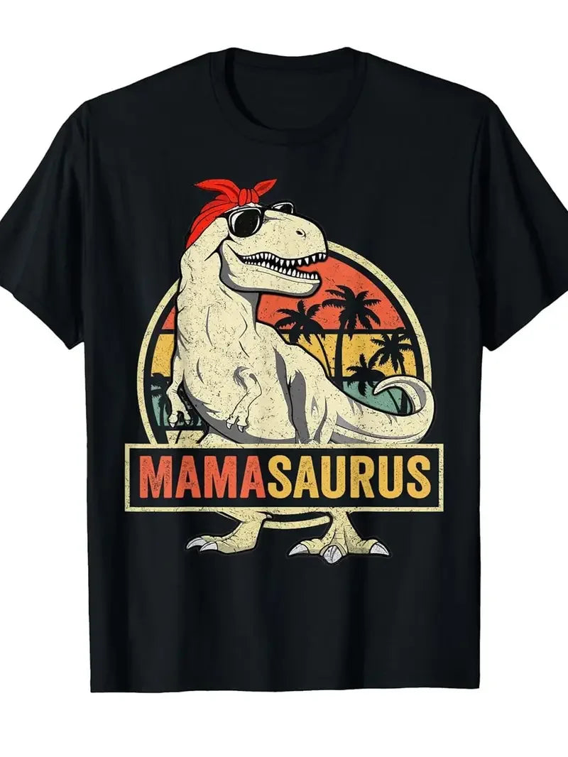 Funny MamaSaurus T-Rex Dinosaur Mom T-Shirt Retro Vintage Tee Soft Crew Neck Short Sleeve Shirt - Mother's Day Gifts for Women
