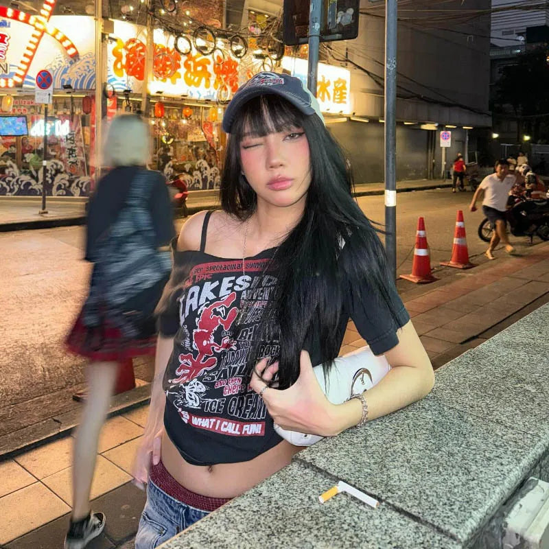 Tee Y2k Letter Print Off Shoulder Punk T-shirts Women Harajuku Summer Streetwear Grunge T Shirt Aesthetic Sexy Crop Tops