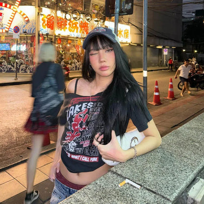 Tee Y2k Letter Print Off Shoulder Punk T-shirts Women Harajuku Summer Streetwear Grunge T Shirt Aesthetic Sexy Crop Tops