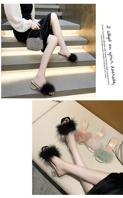 2023 Fluffy Peep Toe Sexy High Heels Women Shoes Fur Feather Lady Fashion Wedding Slip-On Pink Square Toe Women Sandals