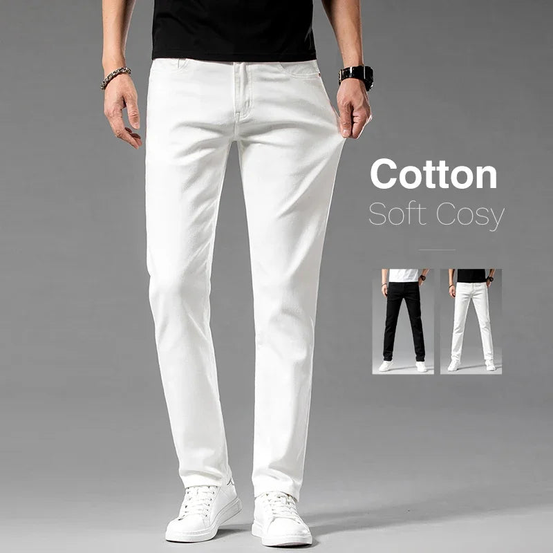 White Summer Men's Slim Jeans Classic Business Fashion High Quality Cotton Stretch Denim Pants Brand Trousers