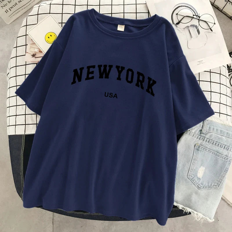 New York Usa City Letter Graphic Tshirt Women Cotton Sport Tops Summer Fashion Tee Shirt Street Casual Oversized Short Sleeve