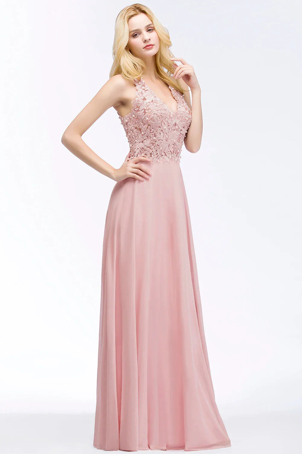 BABYONLINE V-Neckline Lace Pearls Beadings Stones Bodice Prom Dress Sexy Open Back Chiffon A-line Skirt Formal Formal Ball Gown