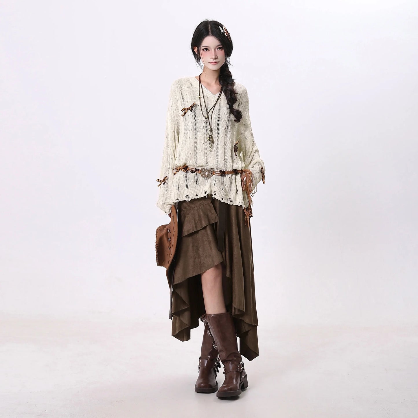 Women Goblin Core Irregular Abi Y2k Midi Skirt Harajuku Japanese 2000s Grunge E-girl Tide Kpop Maillard Cyber Punk Design Goth