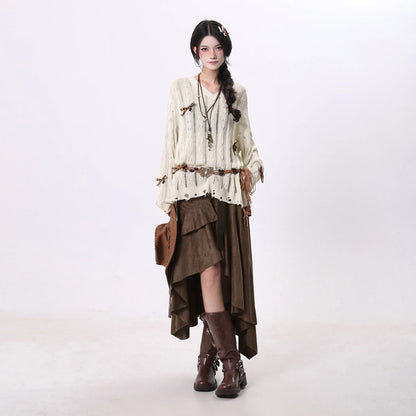 Women Goblin Core Irregular Abi Y2k Midi Skirt Harajuku Japanese 2000s Grunge E-girl Tide Kpop Maillard Cyber Punk Design Goth