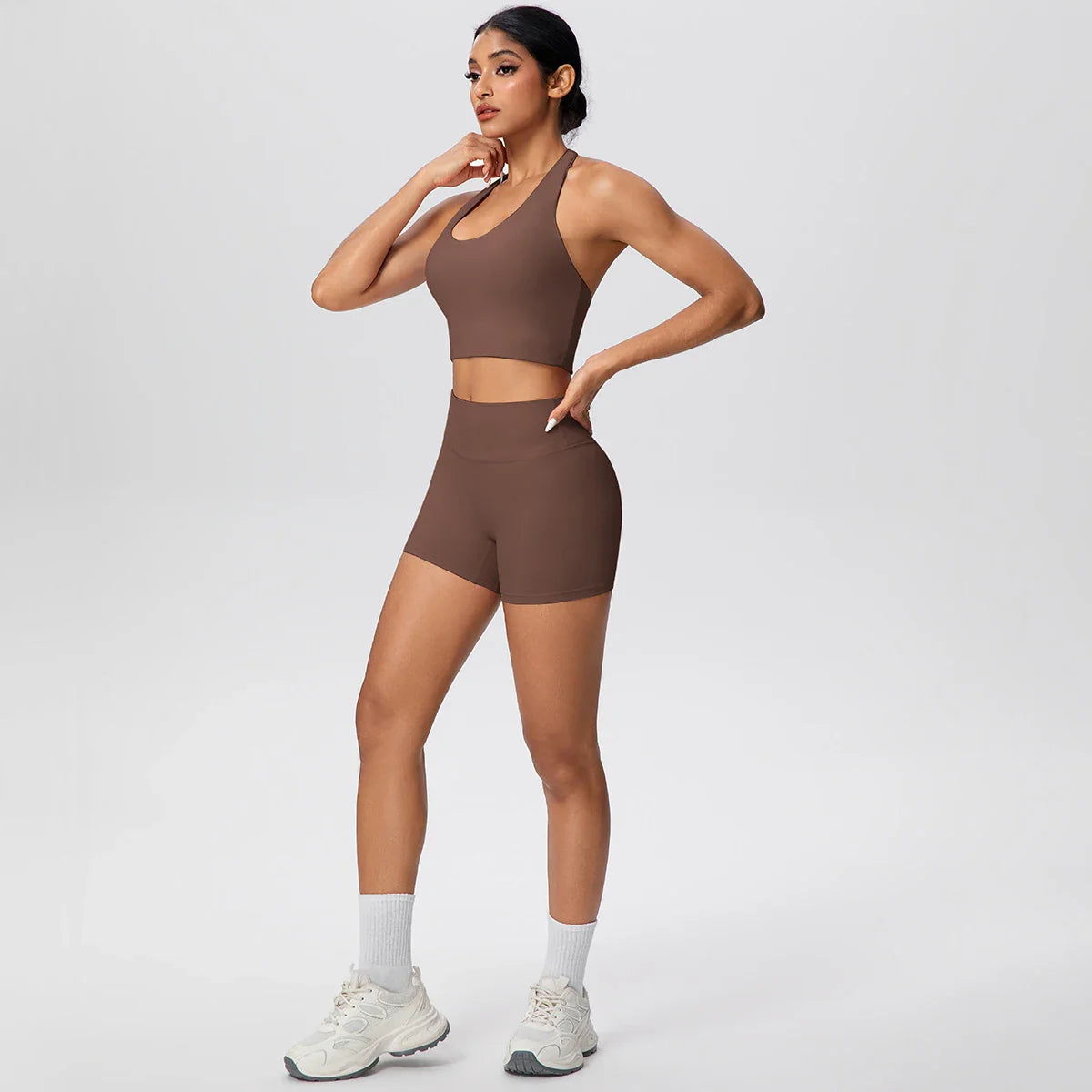 2picese Women Yoga Suit Solid Color High Waist Hip Push Up Fitness Shorts Sexy Pilates Backless Gym Hanging Neck Bra Yoga Set