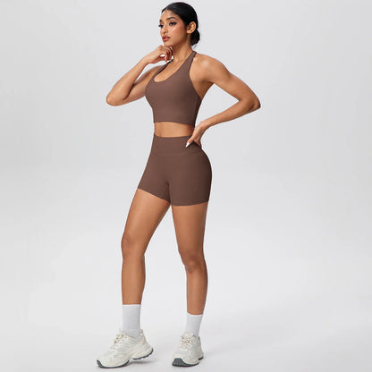 2picese Women Yoga Suit Solid Color High Waist Hip Push Up Fitness Shorts Sexy Pilates Backless Gym Hanging Neck Bra Yoga Set