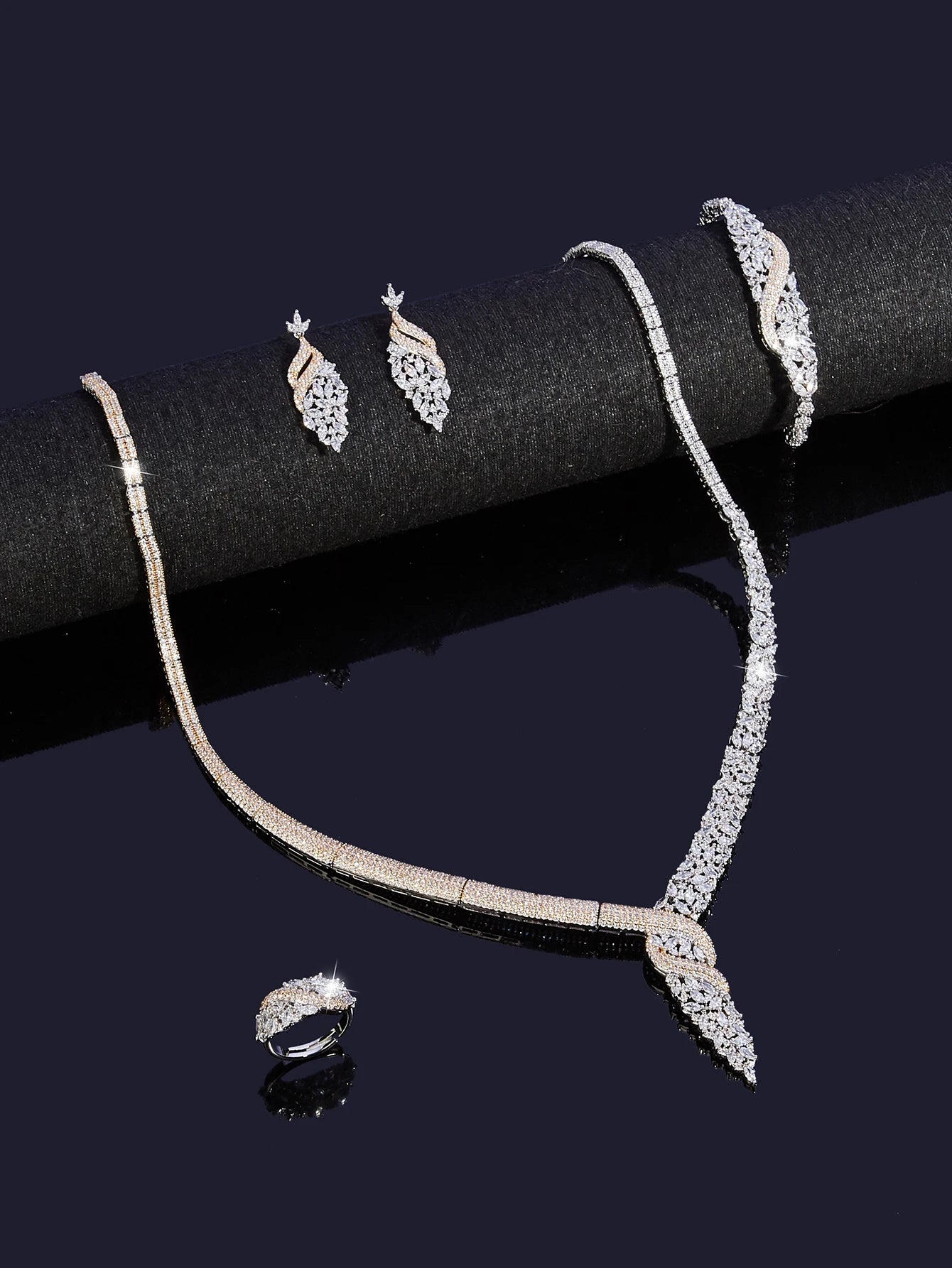 Bridal Two Color Zirconia For Women Party Luxury Dubai Necklace Bracelet Earringa Rings CZ Crystal Wedding Jewelry Sets