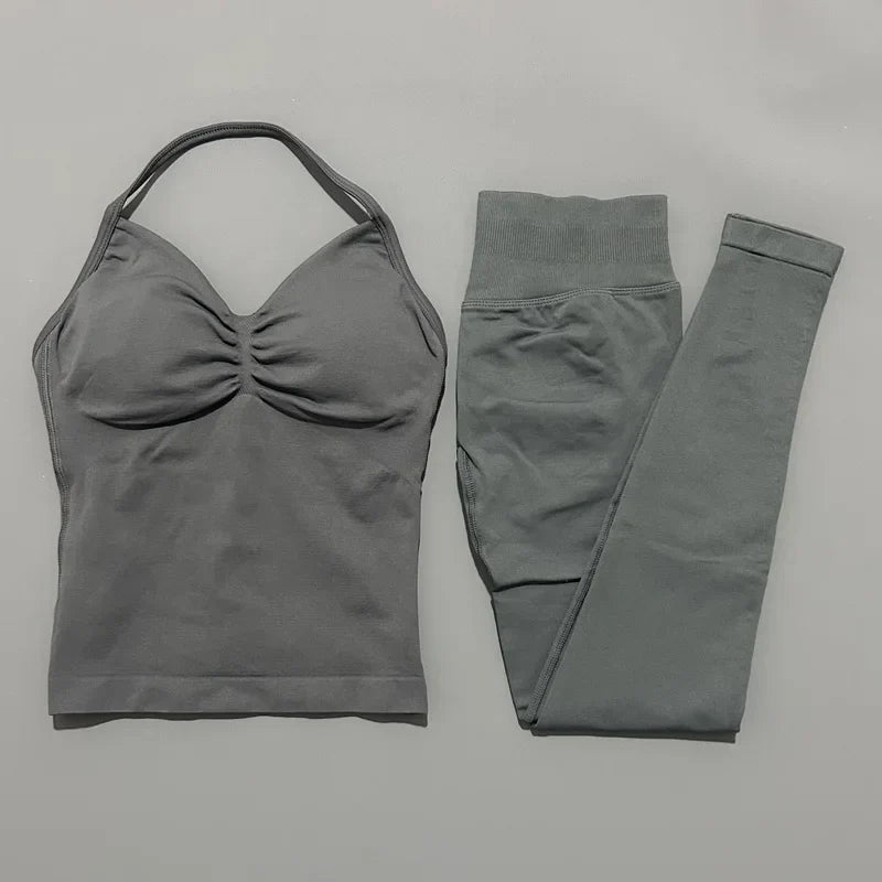 2Piece Sports Gym Set Women Longline Strappy Top Fitness Clothes Seamless Yoga Set Running Workout Sports Leggings Sets