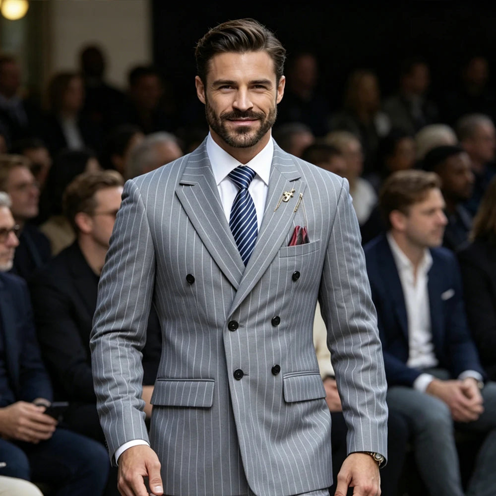 Men's Pinstripe Suit Set Classic Double Breasted Peak Lapel Slim Fit 2 Piece Blazer Pants For Business Formal Wedding