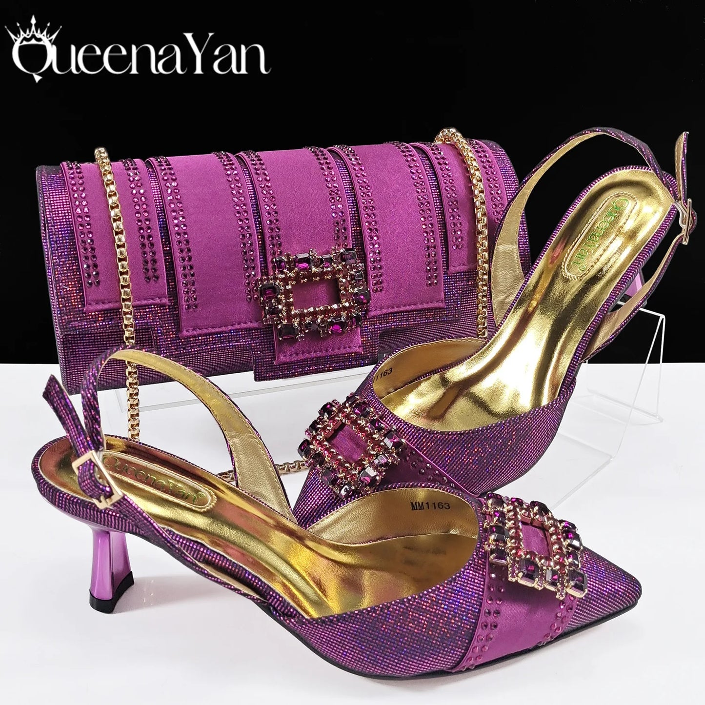 Elegant Noble Party Wedding Shoes And Bag Pointed Toe Decorated With Rhinestone Women Heel Shoes